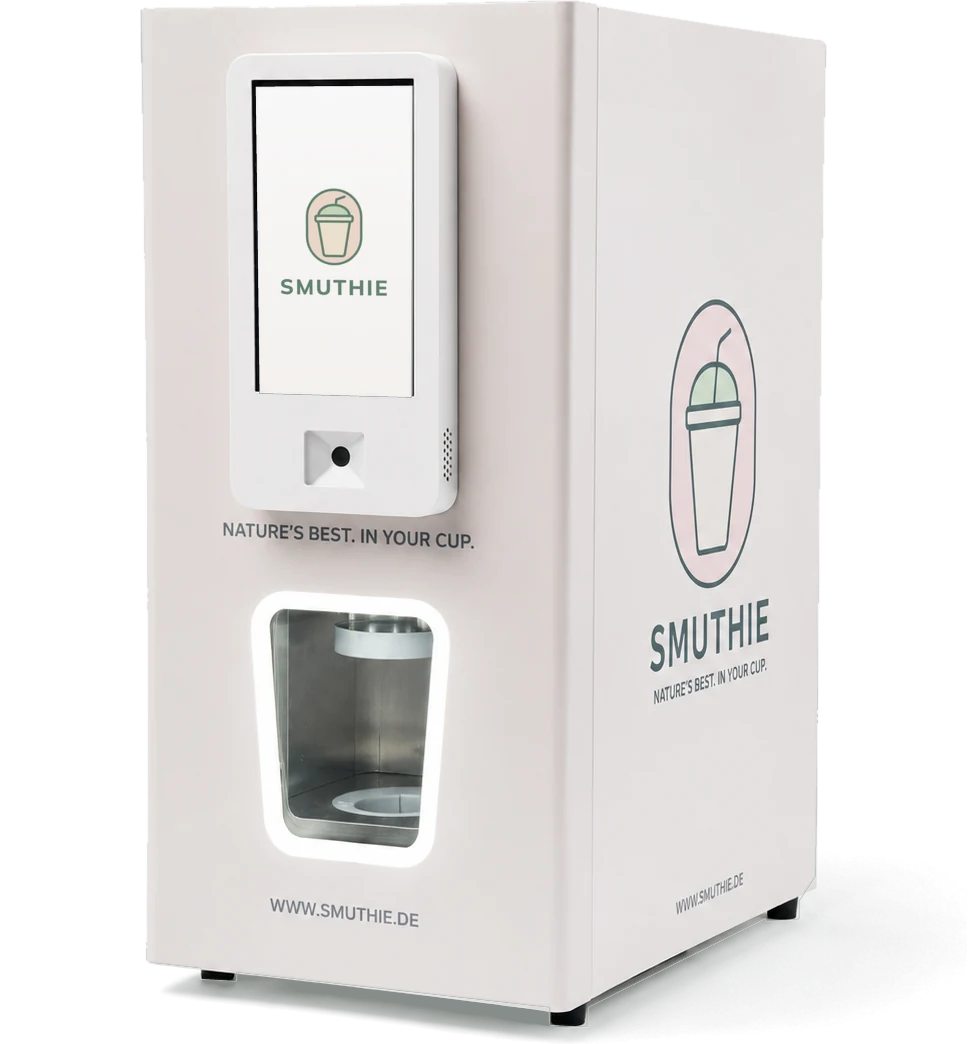 Die SMUTHIE Station: Self-Service-Smoothie-Automat mit Touchscreen, Barcode-Scanner und beleuchtetem Mixer-Fach