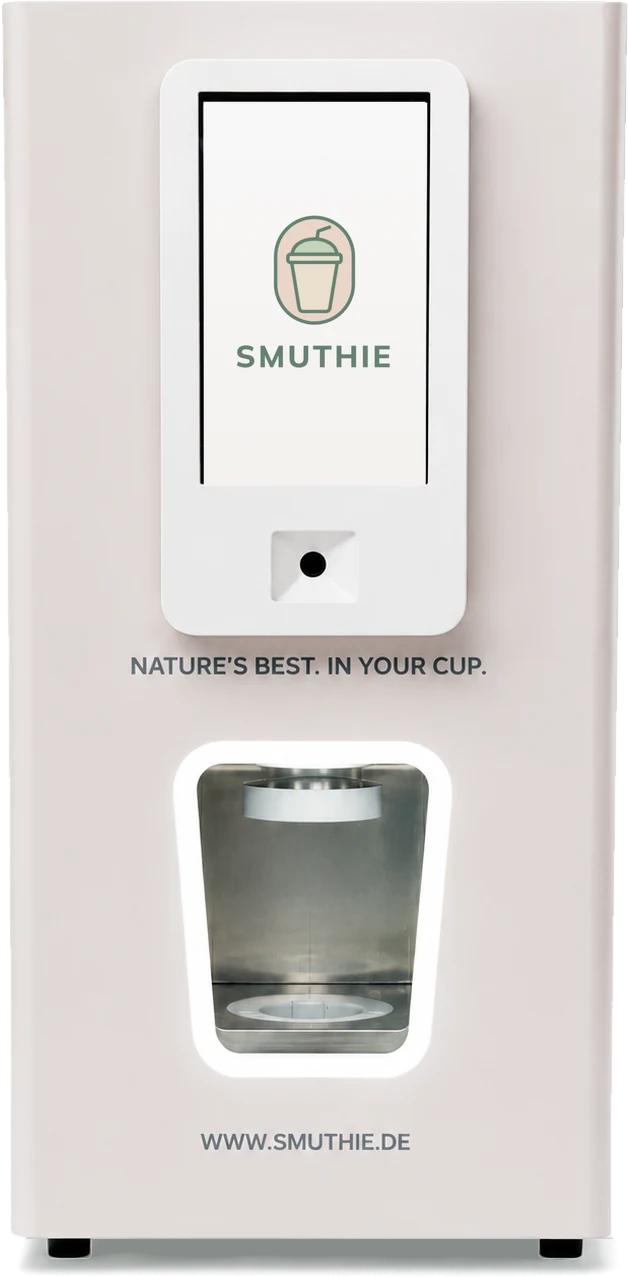 Die SMUTHIE Station in der Frontansicht: Touchscreen, Barcode-Scanner und beleuchtetes Mixer-Fach
